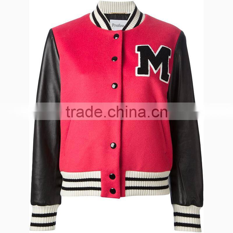 women custom PU leather sleeve wool baseball bomber jacket custom logo
