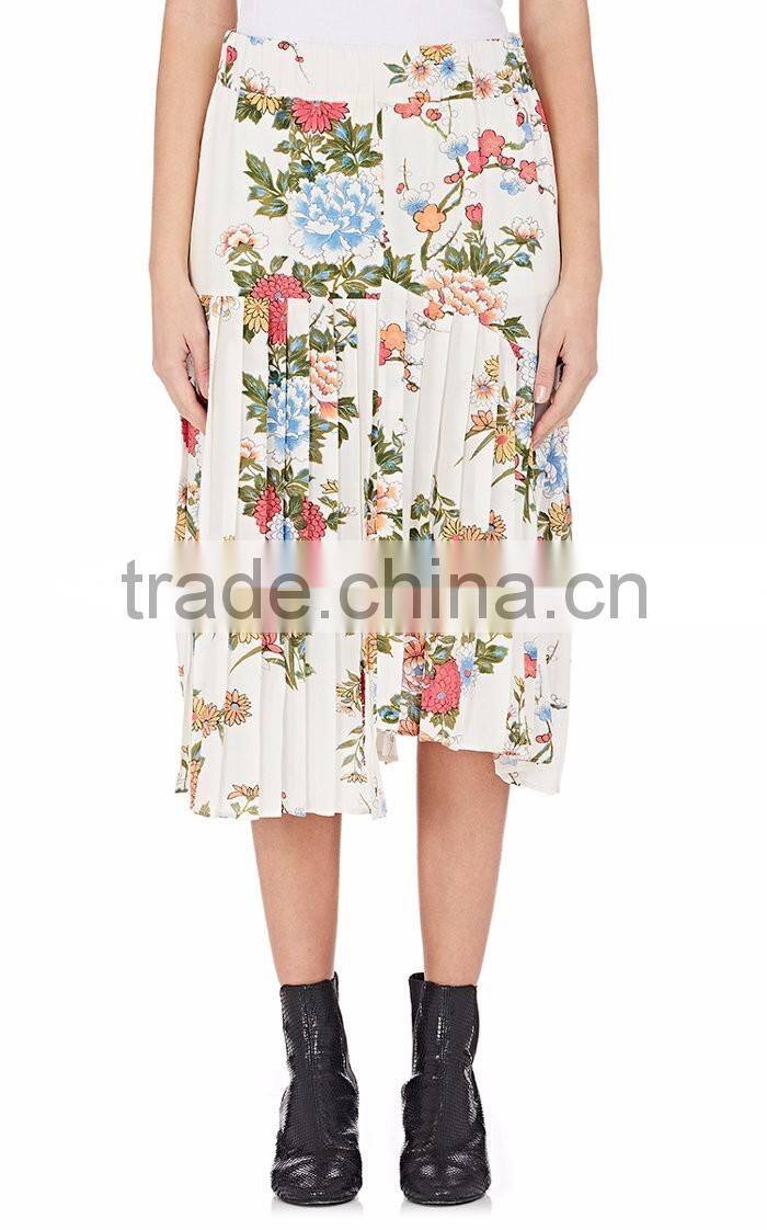 Customized Lady's Apparel Multicolor Asymmetric Hem Pleated Floral Silk Midi Skirt(DQM018S)