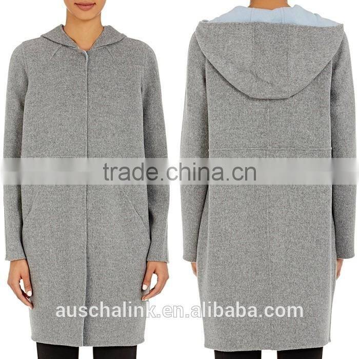 OEM service outdoor winter 100% wool grey long hooded wool coats