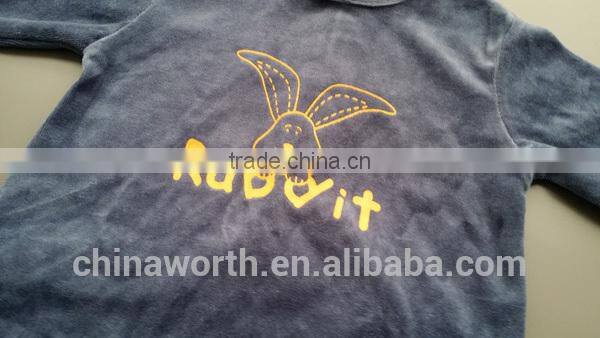 top selling velvet fabric printed baby romper with feet