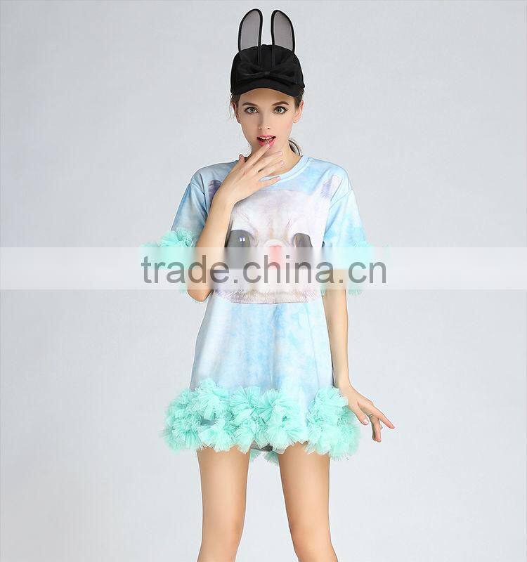 Kitten printed dress chiffon dress sublimation print dress