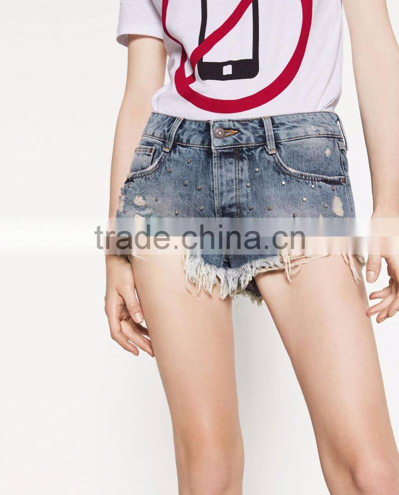 2016 custom fashion rivet ripped apparel young girl summer sexy women jeans shorts short pants half pants cotton girls