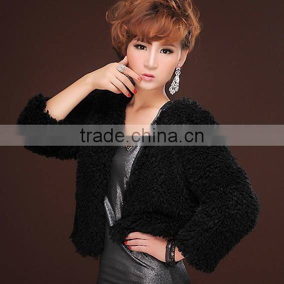 Promotion price black woman faux fur short coat lady curly sheep fur jackets
