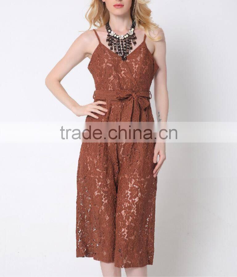 M783 D.Y fashion 2016 women gallus lace v-neck bowknot jumpsuit pants