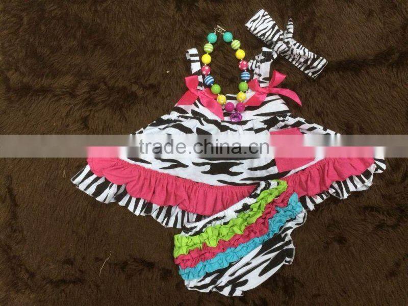2015 hot sell with hot pink zebre kids romper with matching necklace and headband