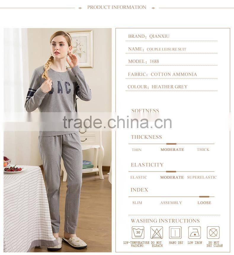 2017 Best Qianxiu Wholesale Lightweight Long Sleeved Elegant Gray Knit Cotton Mens Sleep Shirt