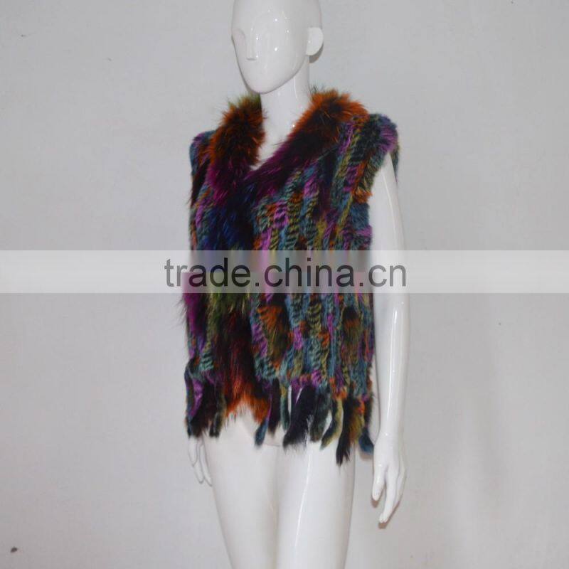 SJ005 Sexy America Tassels Rabbit Knitting Vest with Raccoon Fur