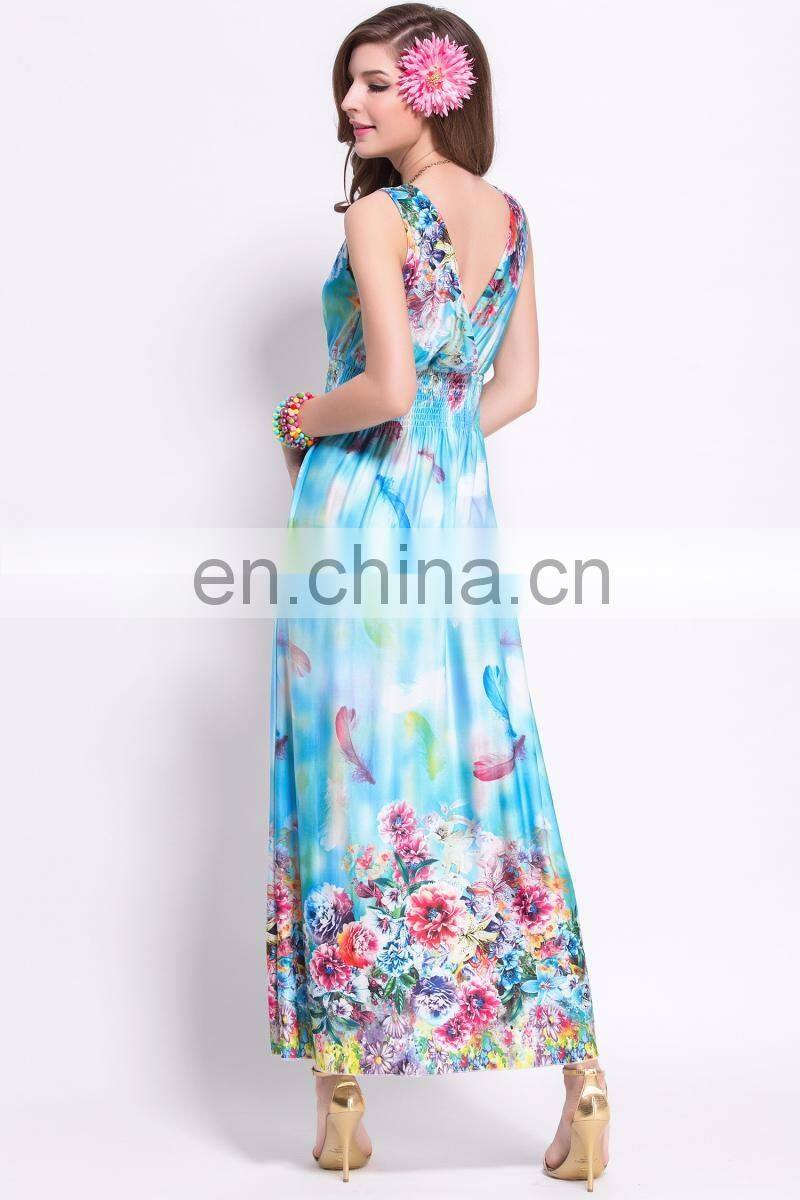 V neck smocking Floral printed bohemia dress long styles design