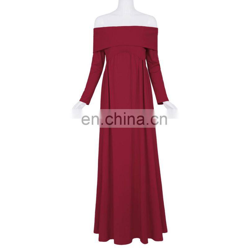 Kate Kasin Sexy Womens Maternity Long Sleeve Off Shoulder Long Maxi Dress Wine Red Maternity Dress KK000677-1