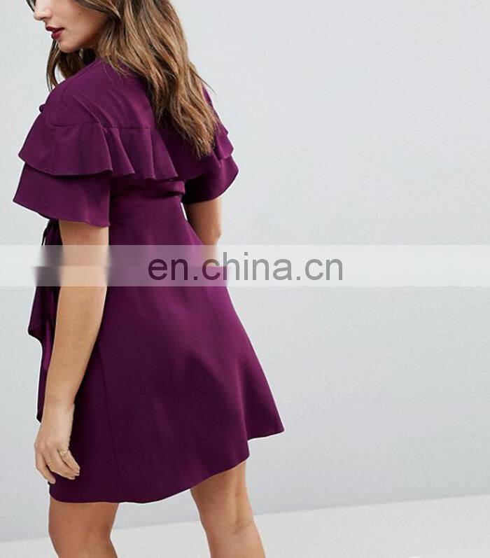 Fashion Comfortable maternity Mini Wrap Dress With Ruffle Sleeve