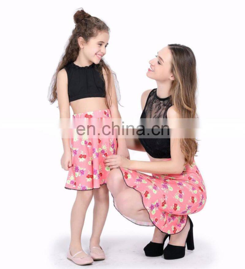 Mother daughter matching dresses 2pcs pink floral skirt black lace top women clothing summer set