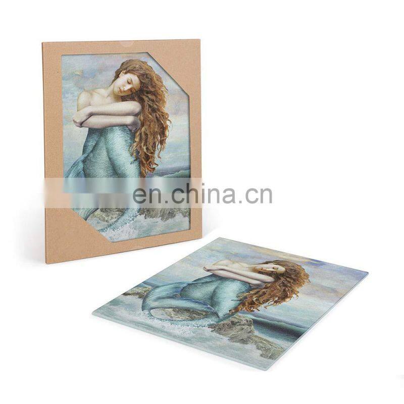 Factory Price Mermaid Meditation Glass Cutting Board for Kitchen Non Slip-Rubber Feet Stain-Shatter Resistant Durable