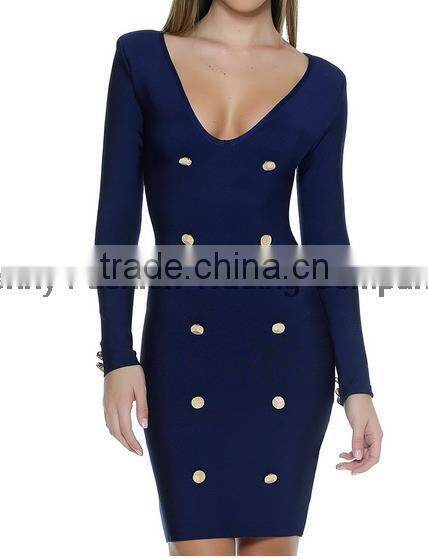 Summer dress 2016 new fashion women navy long sleeve V neck evening bandage Dress Bandage Bodycon Women Wearing
