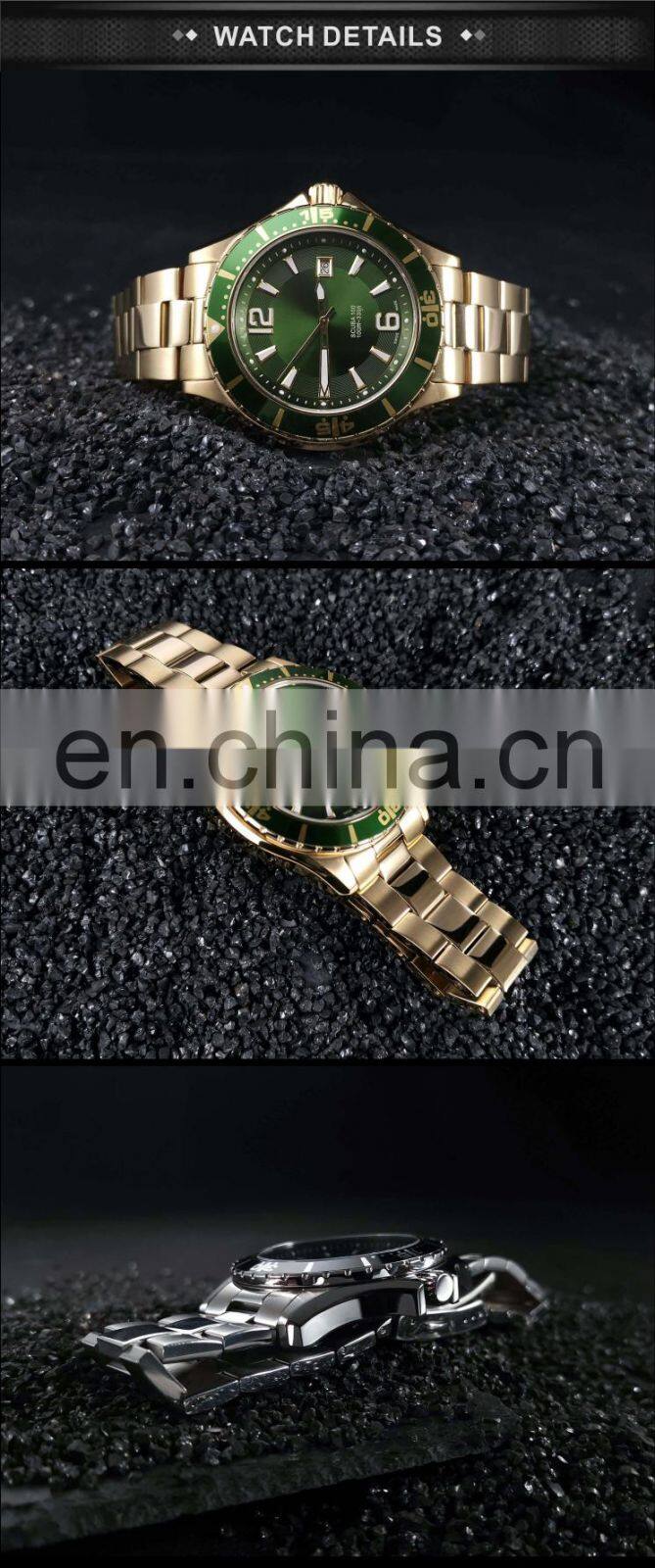 Green men stainless steel watch gold fashion quartz rotation waterproof dive watches top brand luxury men watch