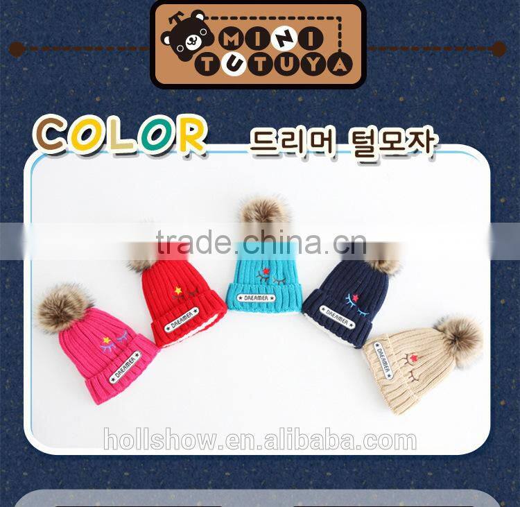 2015 Winter Latest DREAMER and Small Stars Embroidery Faux Fur Pom Pom Knitting Baby Kids Hat and Cap