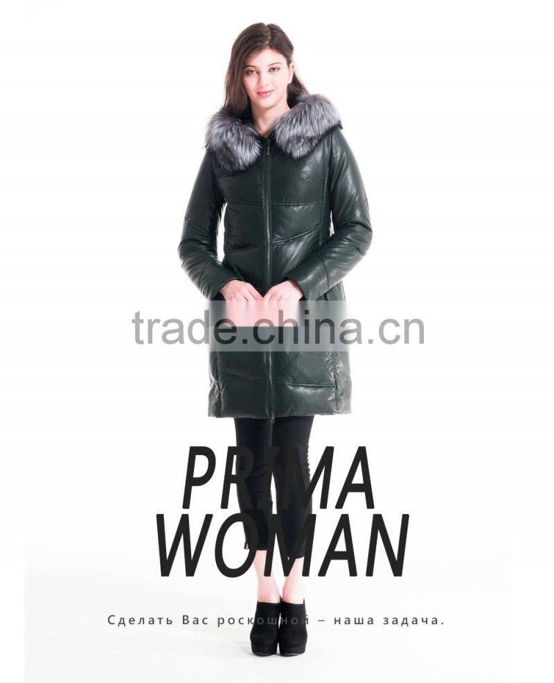 Winter Women Medium Length Slim Fit Leather Coat With Silver fox Hat Overcoat