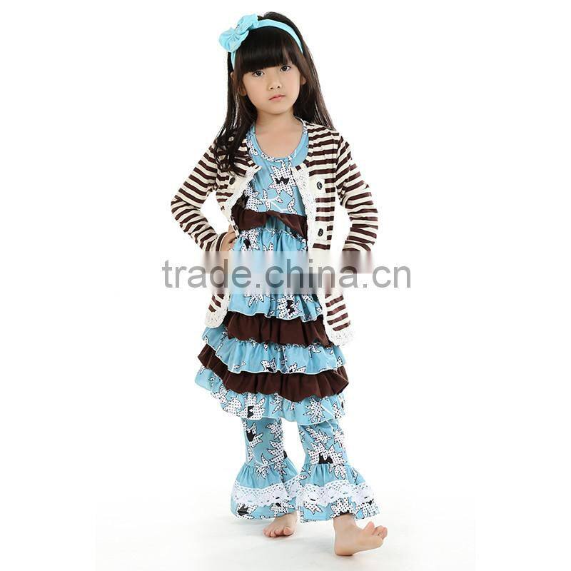 wholesale boutique cute baby top long-sleeve with ruffle & stripe pant Spring Fall clothing set