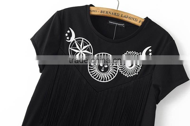 clothing manufacturer printed image black tassel round collar t shirt for girls