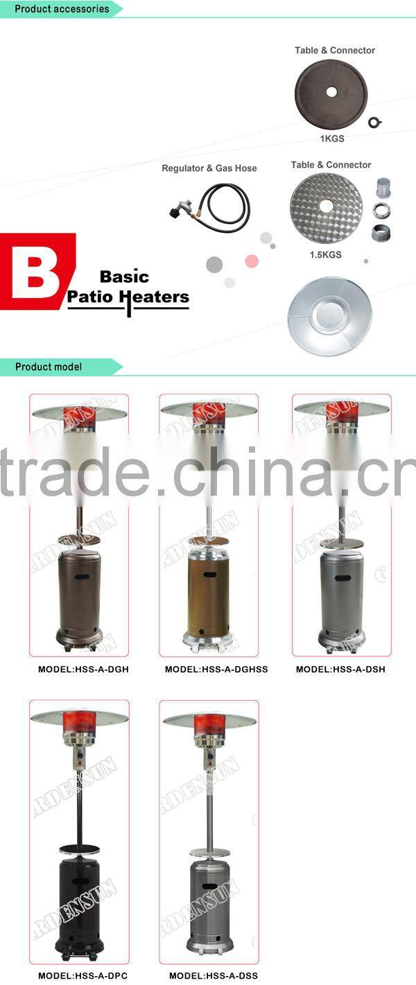 Standing patio heater mixed stainless steel & brown hammered W/table