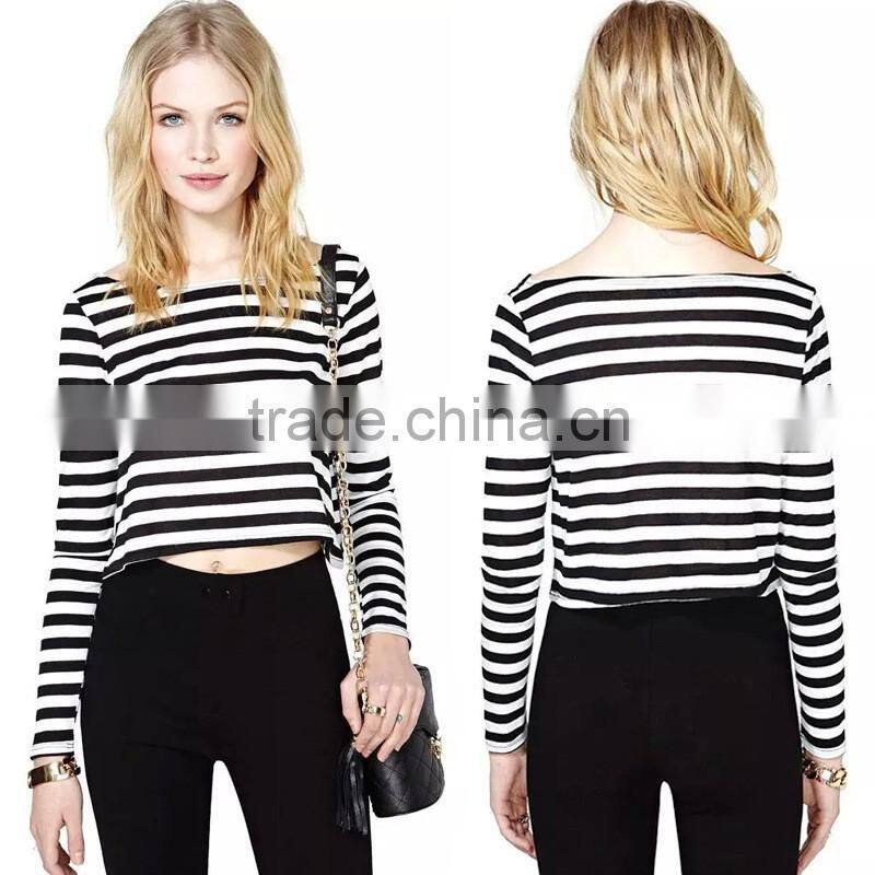 JPSKIRT1508894 Hot Sale Women White Black Stripe Short Tshirt