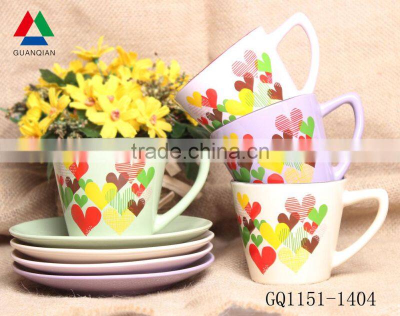 Best Selling heart shape decal ceramic cup and saucer for cheap bulk