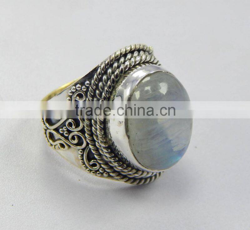 Natural smooth rainbow moonstone ring 92.5 sterling silver jewellery