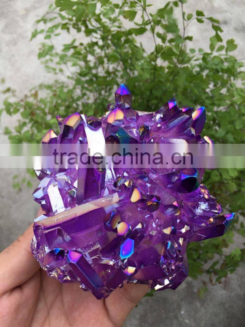 Purple rough crystal stone electroplating Titanium Coating Crystal Cluster Rainbows