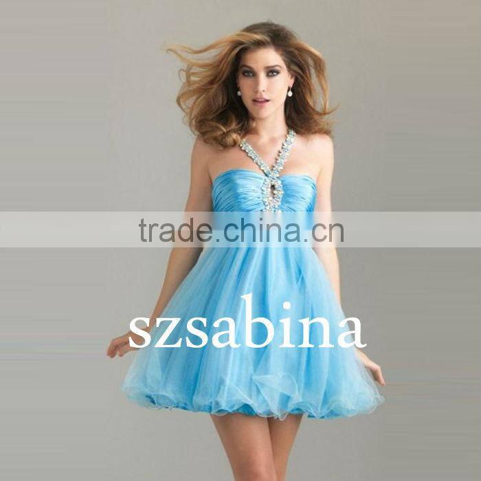 C0017 Rhinestone beads mini cocktail dress empire waist halter cocktail dress