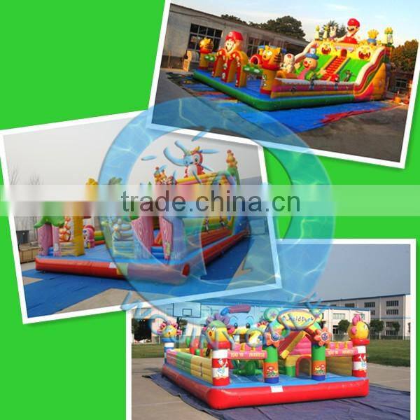 Exciting beautiful kids playing inflatable castle