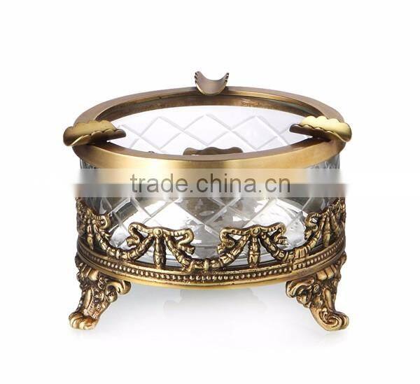 India Vintage Brass Mounted Glass Ashtray, Hand Engraved Bronze Art Nouveau Ashtray Holder For Home Decor