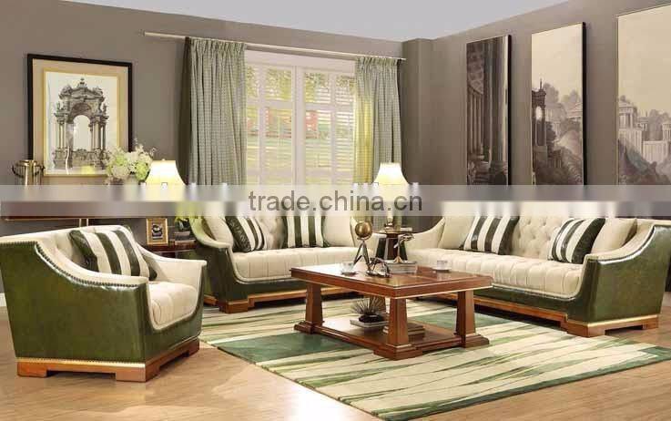 American concise design solid wood frame fabric seat genuine leather back living room sofa set