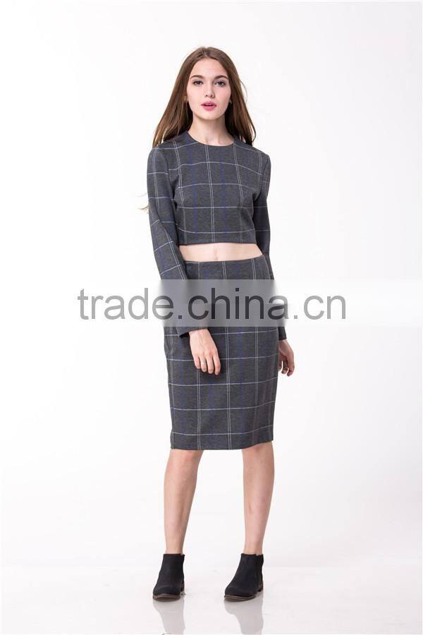 2017 New Arrival Grey Plaid Crop and High Waist Skirt Co-ord Set