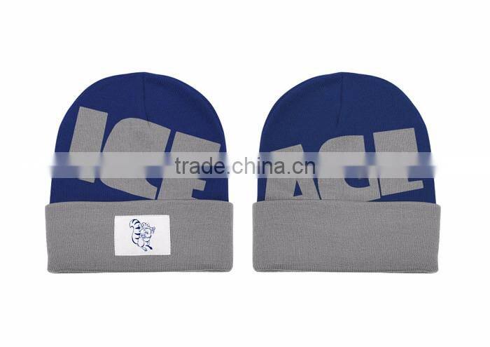 winter acrylic knitted custom beanie with woven label