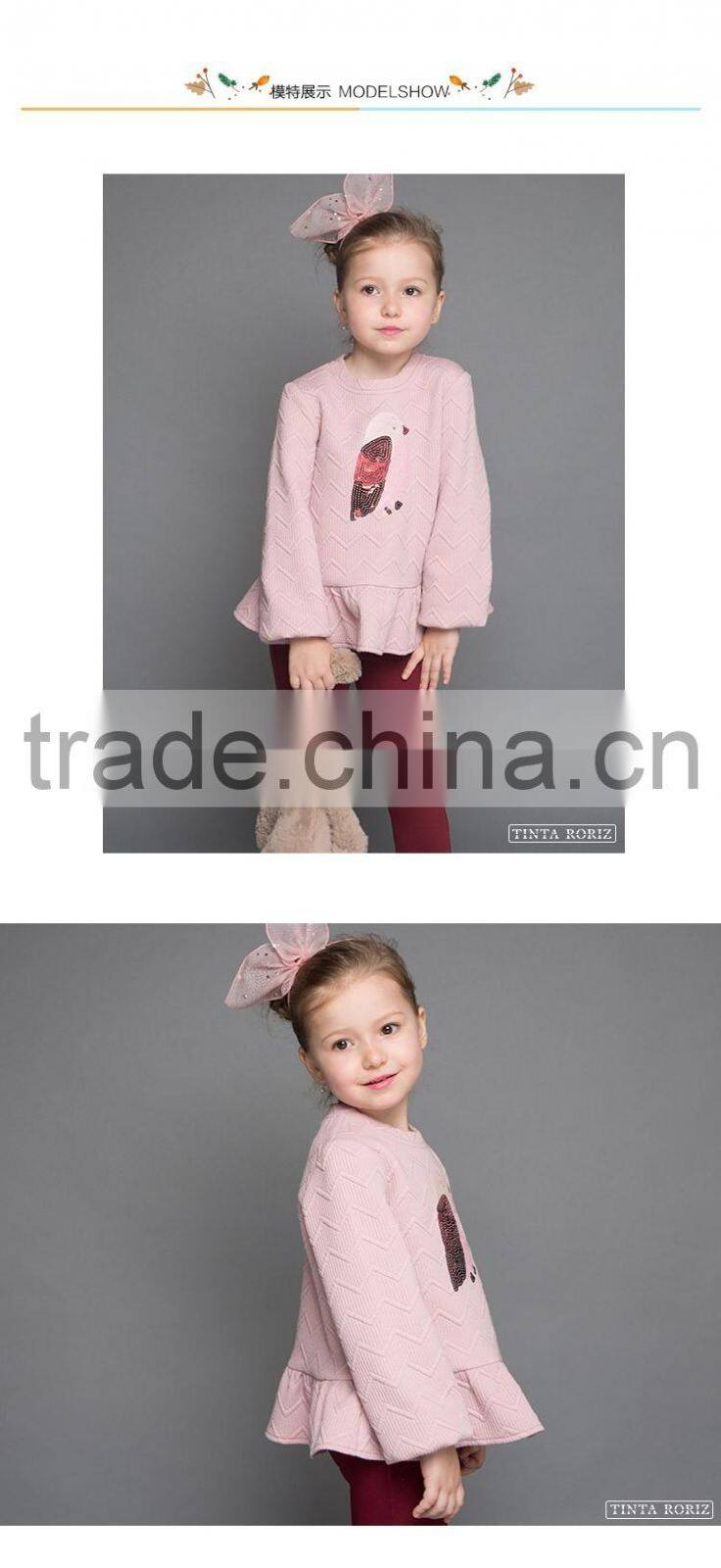 2017 Spring Fashion Sequins Pattern t Shirt With Pleated Hem Kids Party Wear