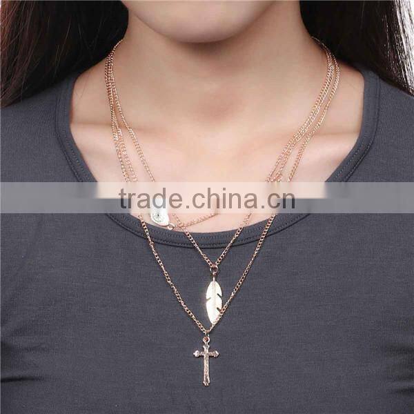 New Fashion Multilayer Layered Necklace Gold Plated With Feather Cross Eye Star Pendants 44.5cm long