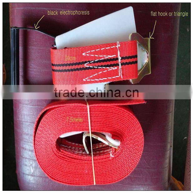 Strap webbing in ratchet tie down with hooks and rings