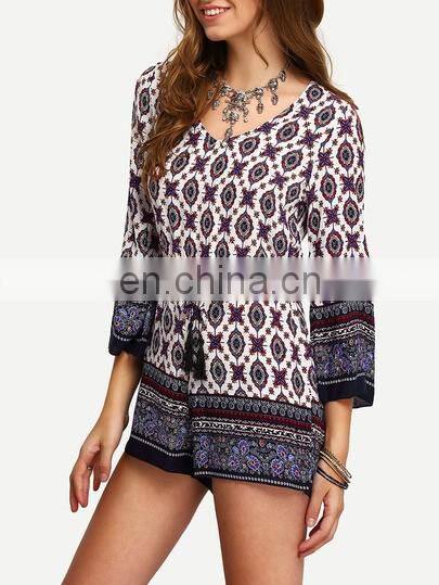 China Factory Wholesale Fashion Design Tribal Print Tassel-Tied Romper Women