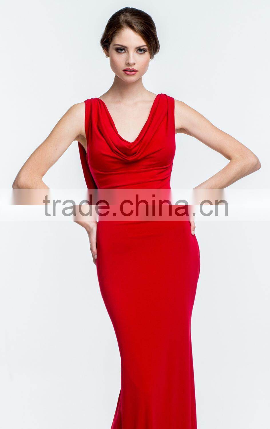 Elegant Long Beaded See Through Back Bowl Neck Red Evening Dress Sweep Train