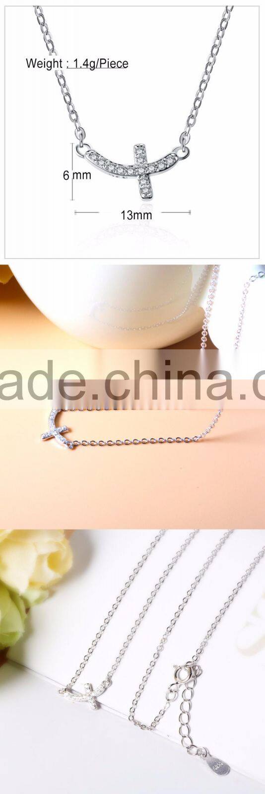 925 Sterling Silver Full CZ Sideways Curved Cross Charm Necklace