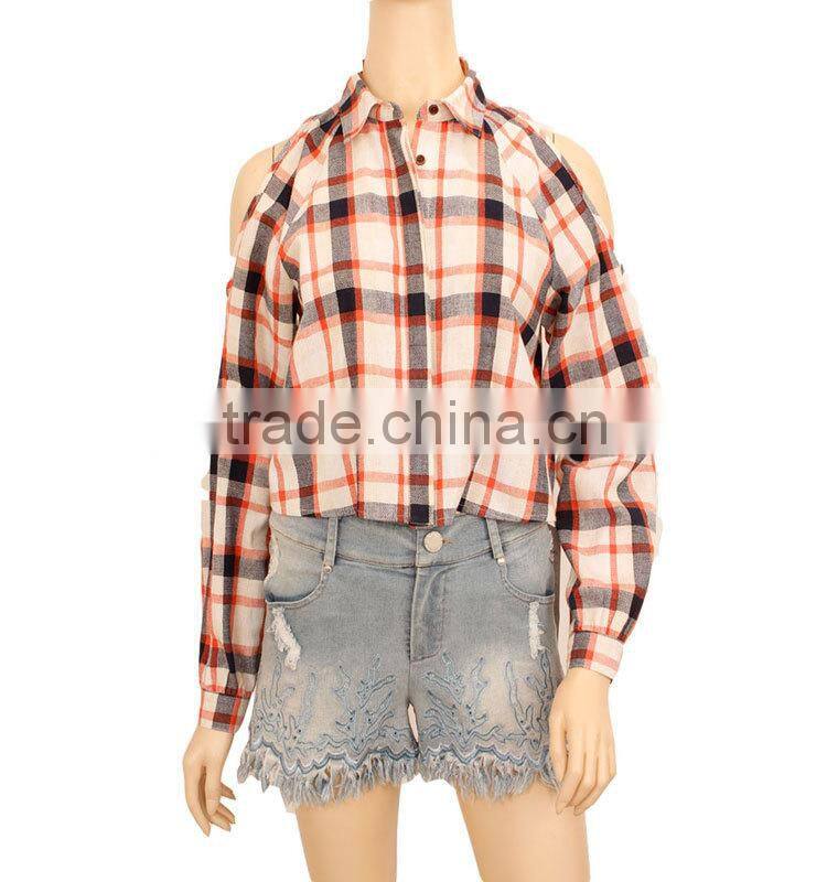 cold shoulder women plaid shirt long sleeve fashion blouses 2015