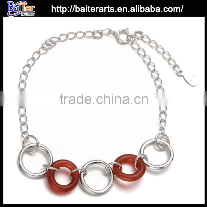 925 Sterling Silver Red Agate Fancy Circle Link Bracelet