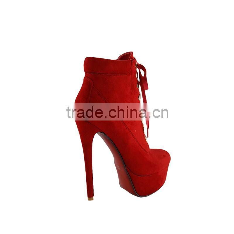 OlzB04 round toe platteau lace up 14 cm high heel suede leather red outsole ankle boots