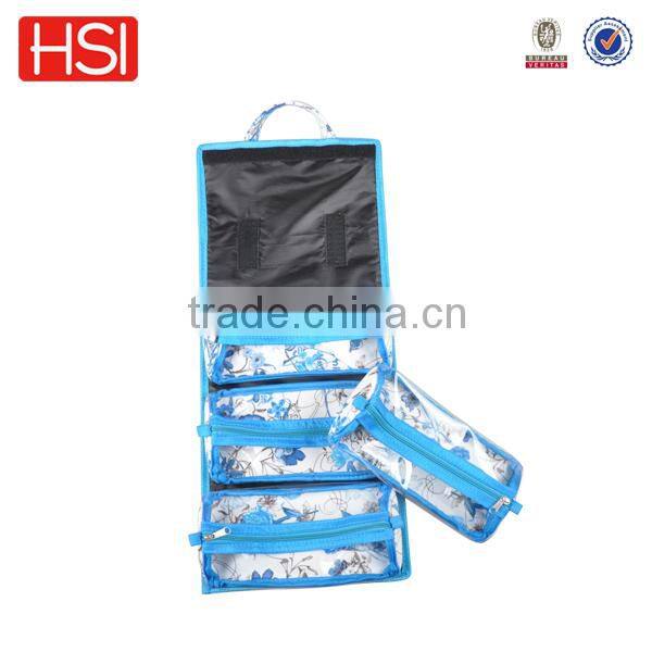 hanging folded travel cosmetic bag with PVC pockets