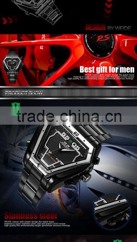 2015 China suppiler stainless steel triangel design black dial LED christmas promotion gift wristwatch(WEIDE-WH1102)