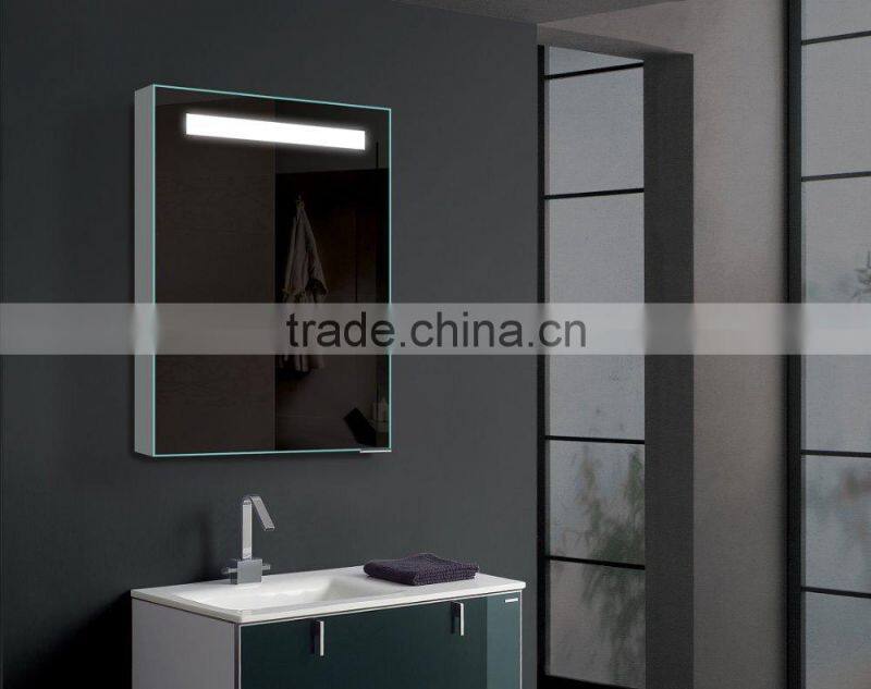 High quality led illuminated bathroom mirror cabinet with shaver socket and tempered glass shelves