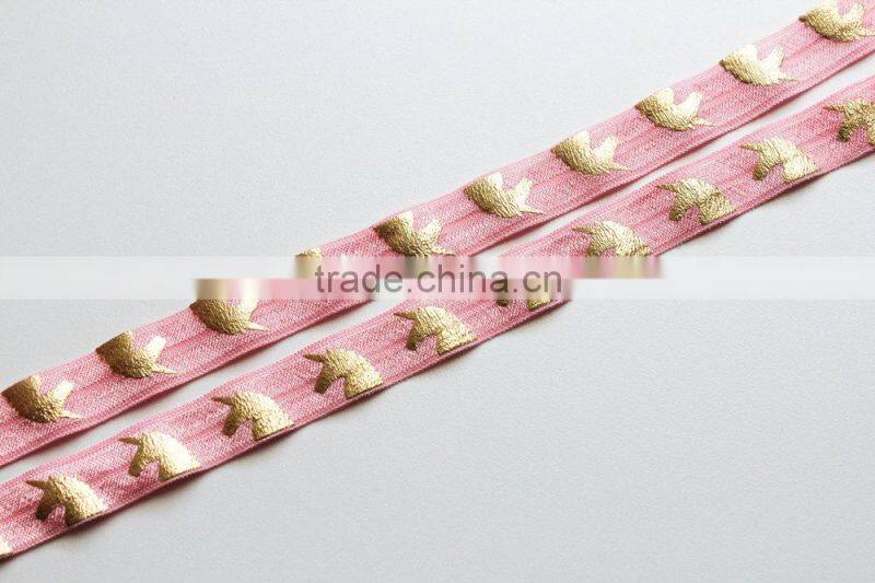 5/8" Fold Over Elastic Gold Unicorn on Carnation Pink Pattern Metallic Printed elastic band for underwear trousers
