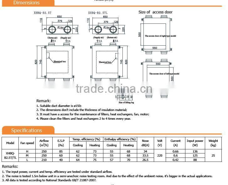 All-in-one HVAC indoor air heat exchange portable energy recovery ventilation systems with flexible pipes