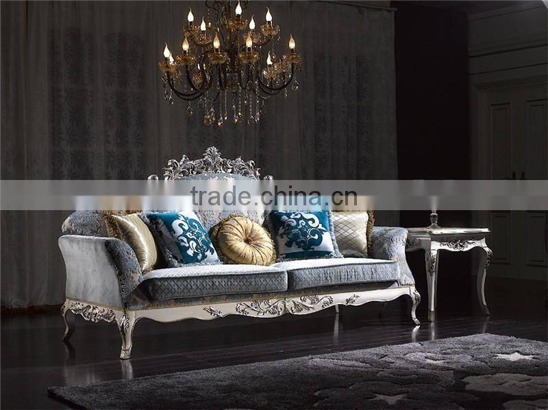 Fontaineblea Elegant Soft Baby Blue Printed Fabric Sectional Sofa Seats
