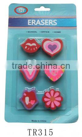 Hot selling different printing heart shape 9 pcs eraser set