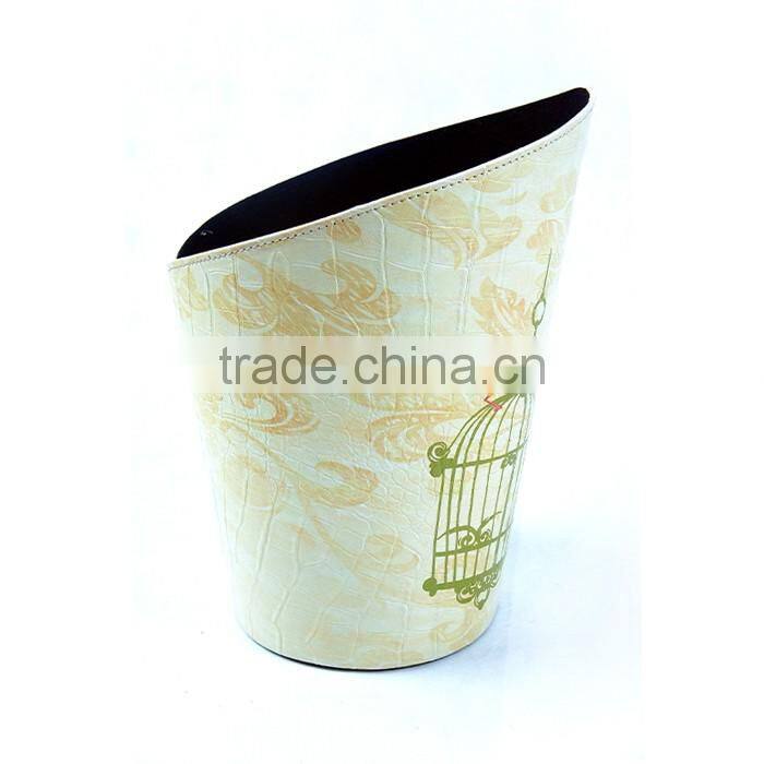 Hot Sale Bird And Birdcage Office Decorative Faux Leather Trash Can With Handle